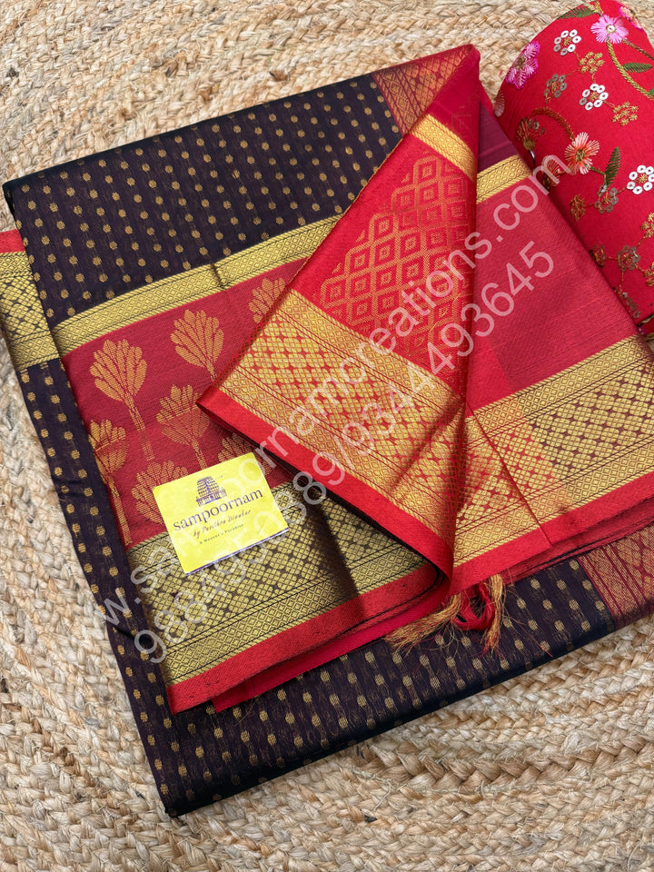Brown with Red  , rich Zari Lakshadeepam butta in the body , one side long traditional Borders and Grand Pallu Korvai Silk Cotton Saree