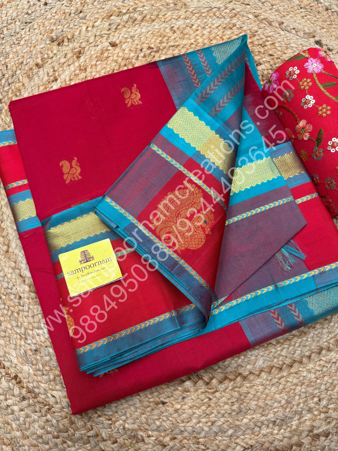 Chilli Red with Turquoise Blue , rich Zari Butta and Annam Butta in the body , traditional Borders and Grand Pallu Korvai Silk Cotton Saree