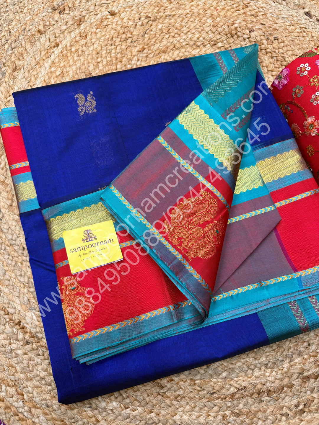 Indigo Blue with Turquoise Blue  , rich Zari Mango and Annam Butta in the body , traditional Borders and Grand Pallu Korvai Silk Cotton Saree