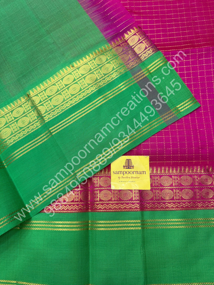 Rani Pink with Parrot Green  , Zari checks in the body , rich borders with traditional Pallu Korvai Silk Cotton Saree
