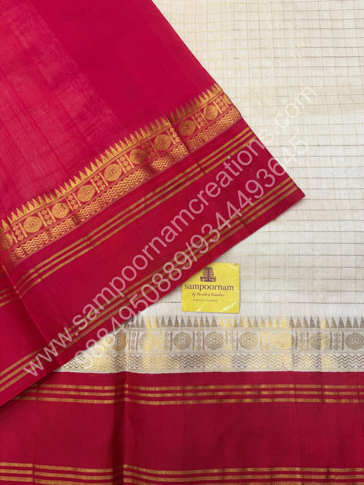 Offwhite with Red , Zari checks in the body , rich borders with traditional Pallu Korvai Silk Cotton Saree
