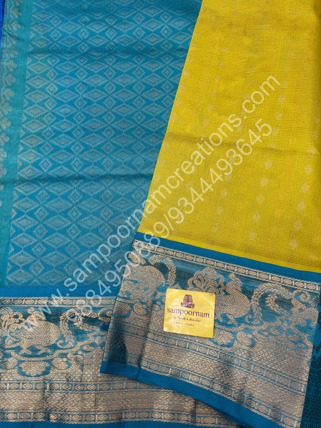 Lemon Yellow with Turquoise Blue  , rich Zari butta and Podi Kattam in the body ,traditional one side long  Borders and Grand Pallu Korvai Silk Cotton Saree