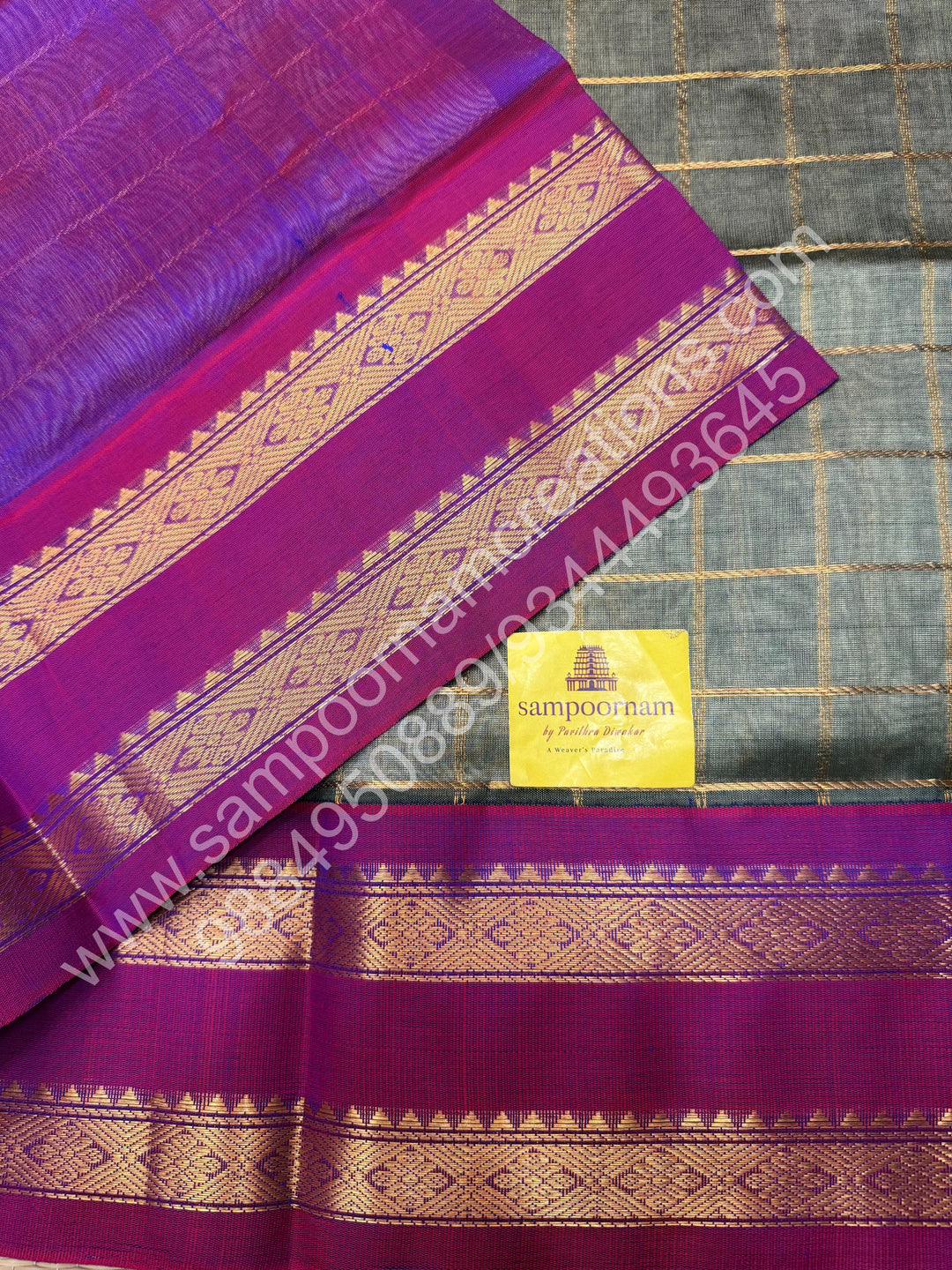 Grey with Magenta  , rich Zari Checks in the body , rettapet  Borders and Grand Pallu Korvai Silk Cotton Saree