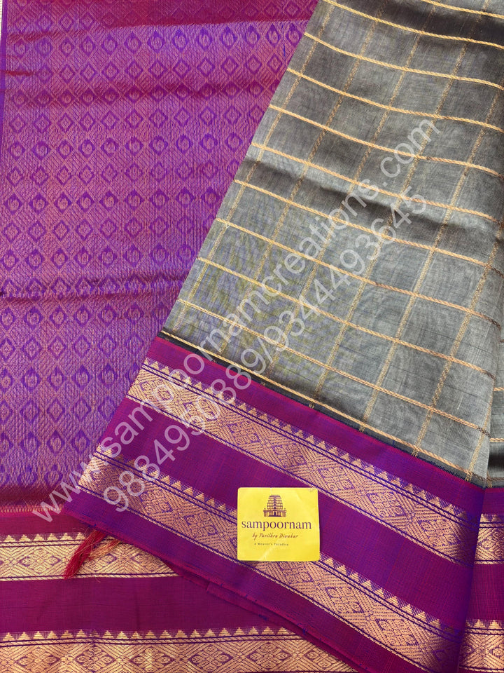 Grey with Magenta  , rich Zari Checks in the body , rettapet  Borders and Grand Pallu Korvai Silk Cotton Saree