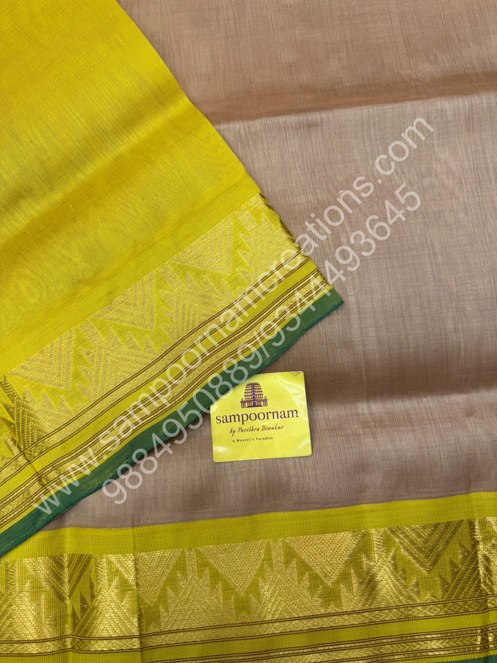 Light Gold with Lemon Yellow  , traditional borders and rich Pallu Korvai Silk Cotton Saree
