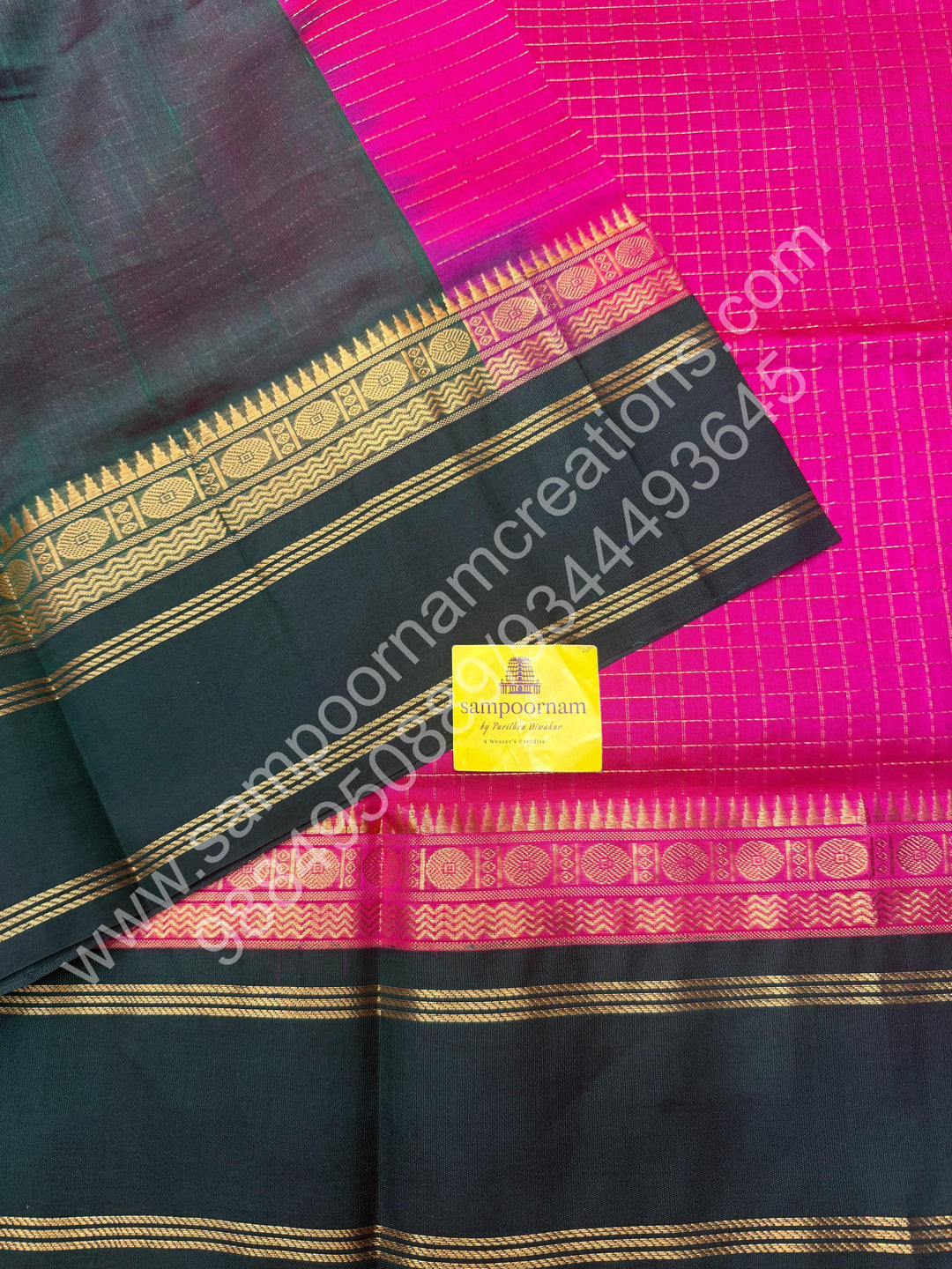Rani Pink with Green  , Zari checks in the body , rich borders with traditional Pallu Korvai Silk Cotton Saree