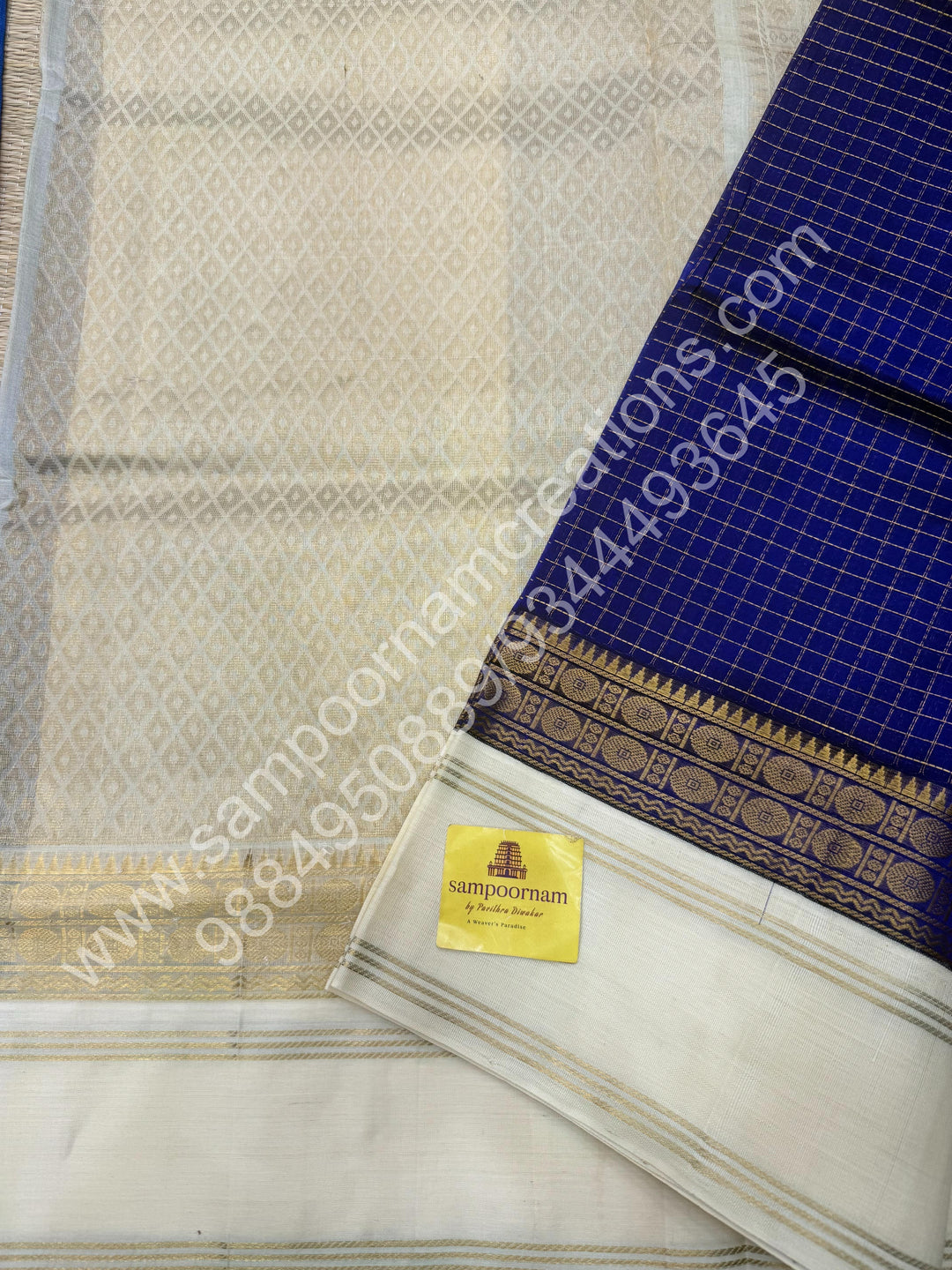 MS Blue with Offwhite  , Zari checks in the body , rich borders with traditional Pallu Korvai Silk Cotton Saree