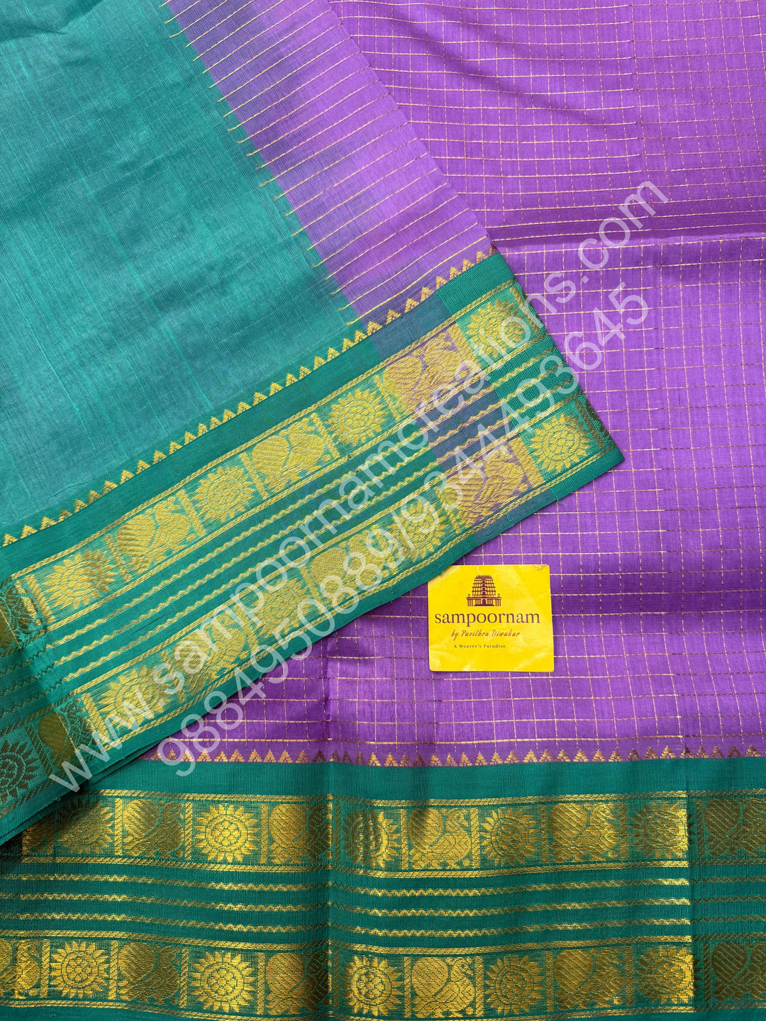 Lavender with Sea Green  , rich Zari checks in the body , Rettapet Borders and Grand Pallu Korvai Silk Cotton Saree