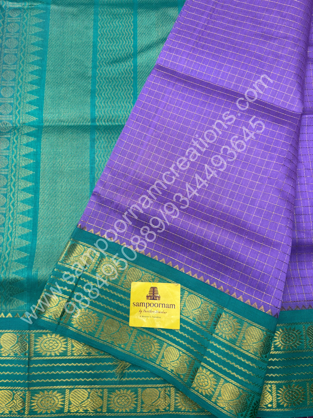 Lavender with Sea Green  , rich Zari checks in the body , Rettapet Borders and Grand Pallu Korvai Silk Cotton Saree
