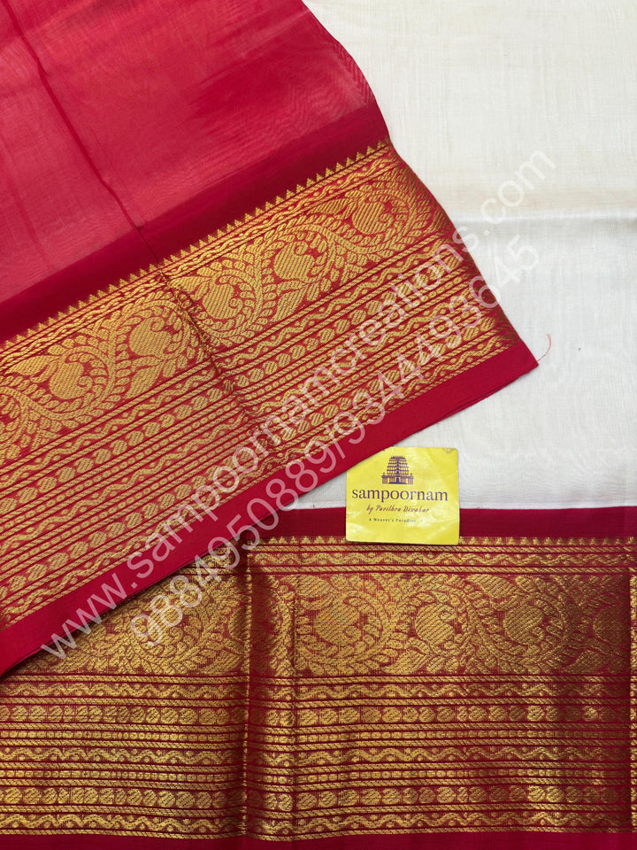 Offwhite with Bright Red , One side long traditional borders and rich Pallu Korvai Silk Cotton Saree