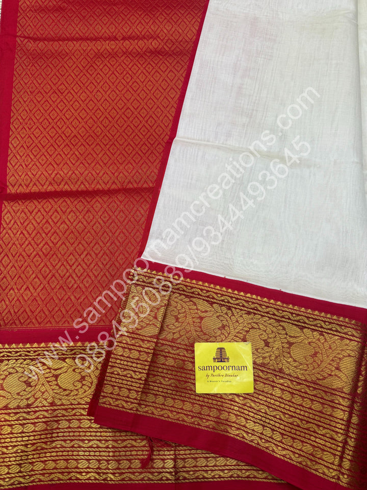 Offwhite with Bright Red , One side long traditional borders and rich Pallu Korvai Silk Cotton Saree