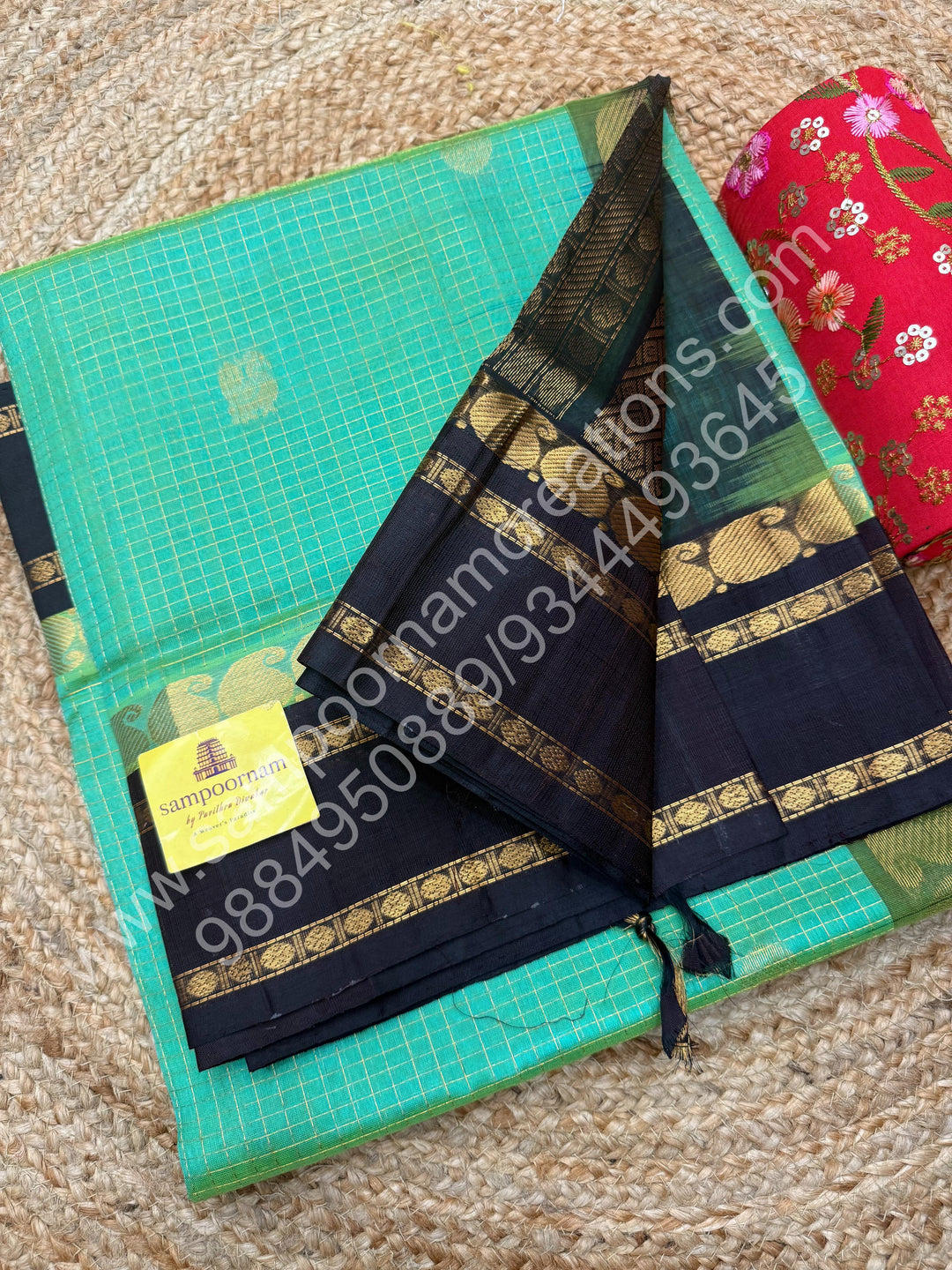 Sea Green Gold with Dark Brown , Zari checks , Mayil and Chakram rich butta in the body , rich borders with traditional Pallu Korvai Silk Cotton Saree