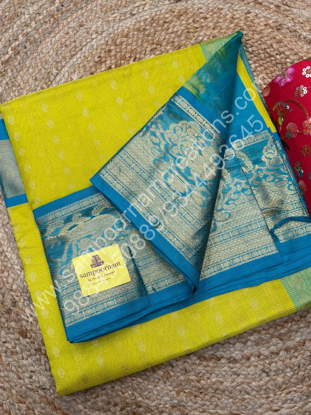 Lemon Yellow with Turquoise Blue  , rich Zari butta and Podi Kattam in the body ,traditional one side long  Borders and Grand Pallu Korvai Silk Cotton Saree