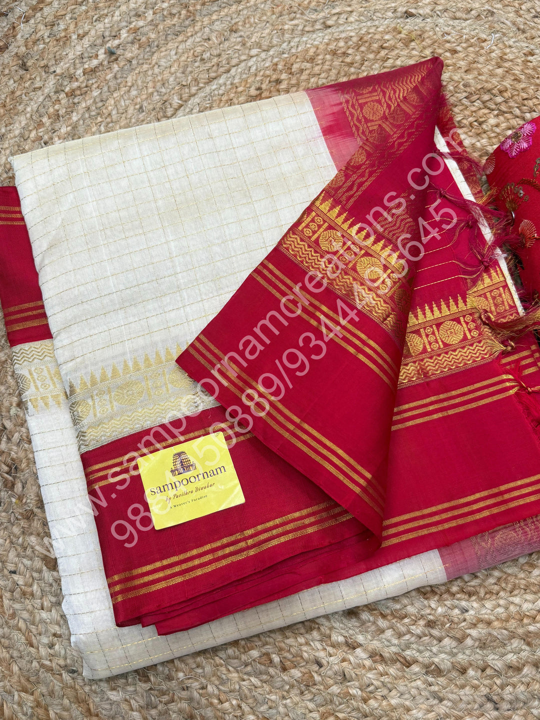 Offwhite with Red , Zari checks in the body , rich borders with traditional Pallu Korvai Silk Cotton Saree