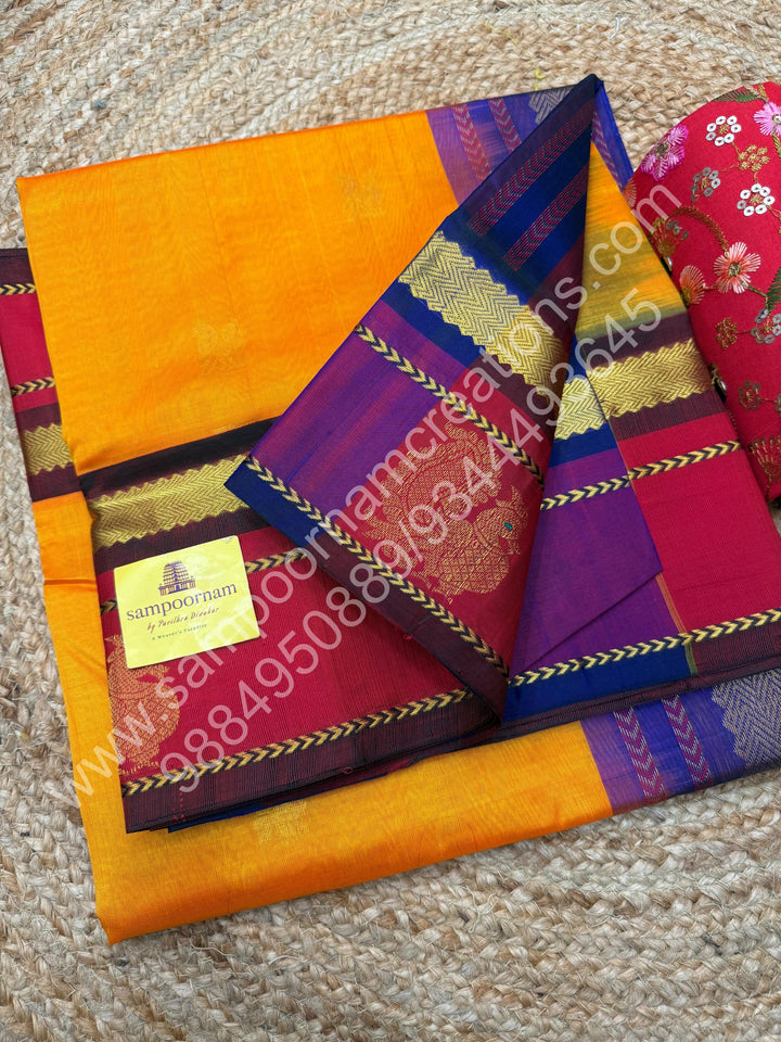Mambazha Manjal With Indigo Blue  , rich Zari Mango and Annam Butta in the body ,traditional Borders and Grand Pallu Korvai Silk Cotton Saree