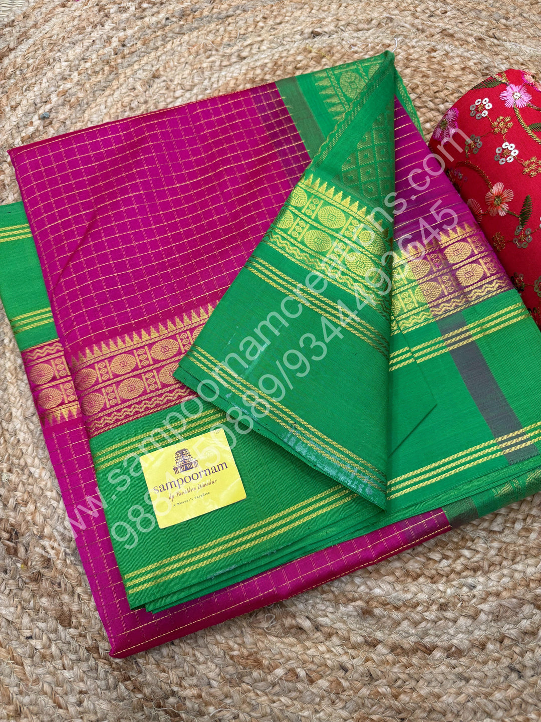 Rani Pink with Parrot Green  , Zari checks in the body , rich borders with traditional Pallu Korvai Silk Cotton Saree