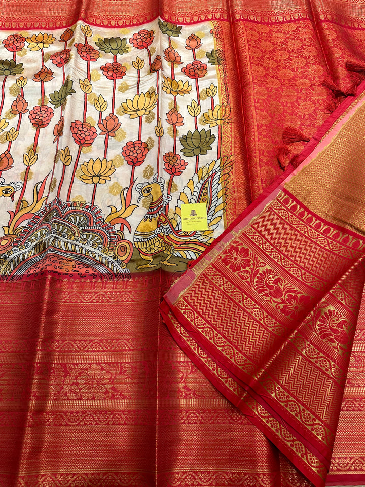 Semi Kanchivaram White and Red Annam and Lotus Printed Silk Saree