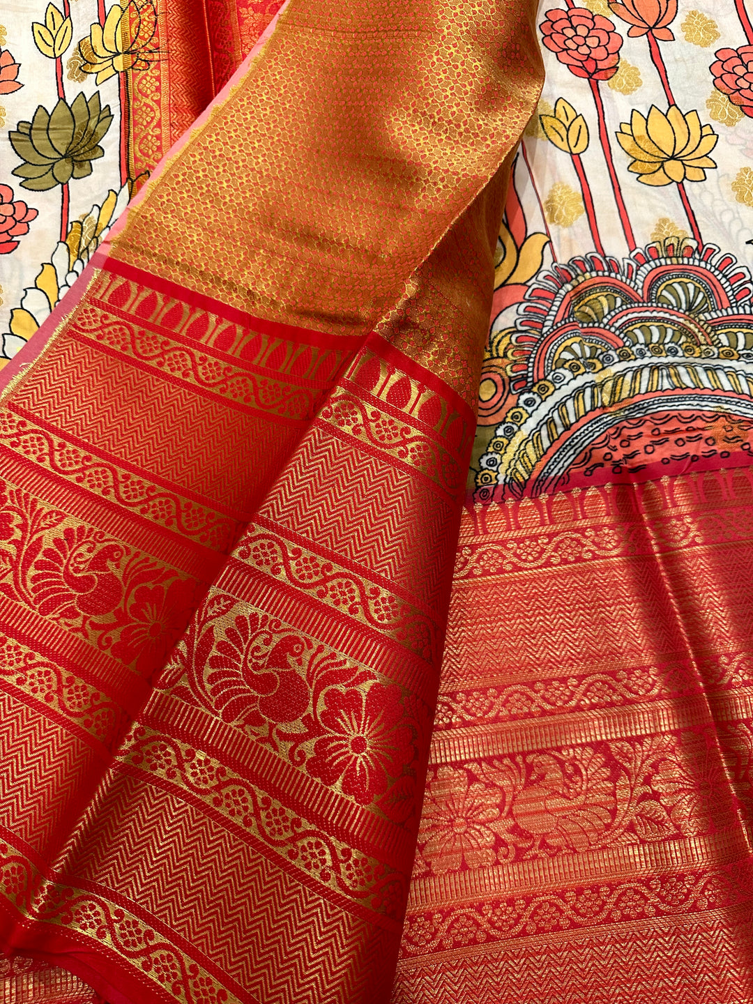 Semi Kanchivaram White and Red Annam and Lotus Printed Silk Saree