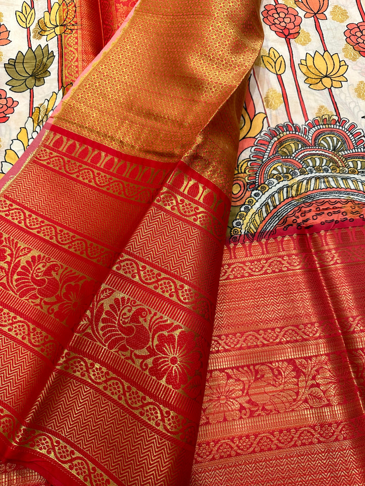 Semi Kanchivaram White and Red Annam and Lotus Printed Silk Saree