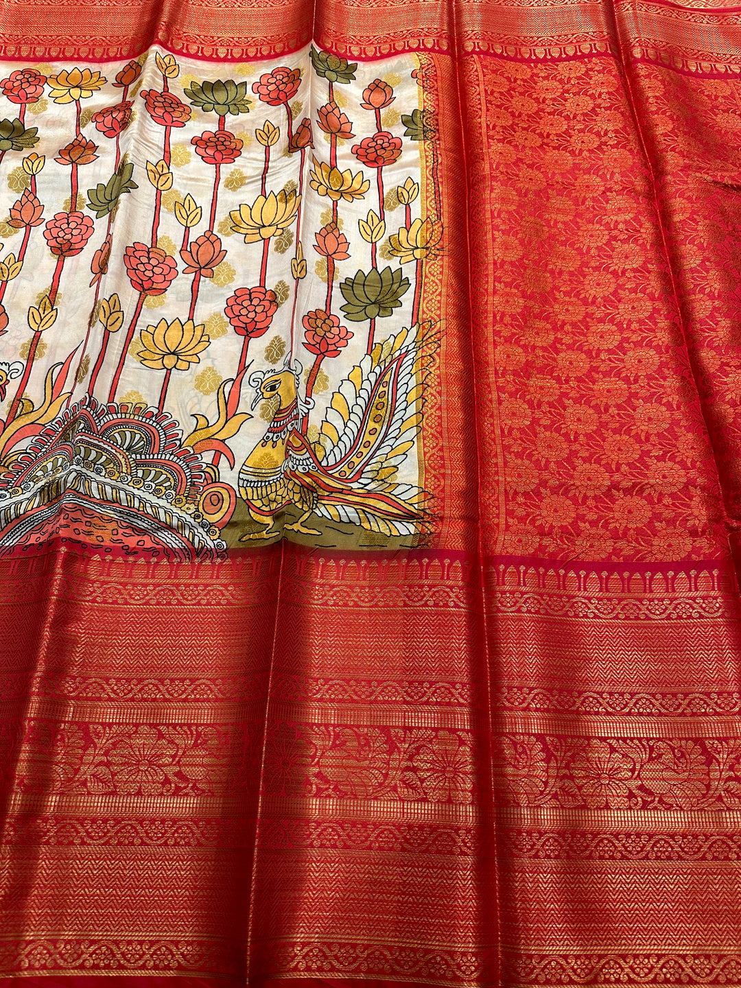 Semi Kanchivaram White and Red Annam and Lotus Printed Silk Saree