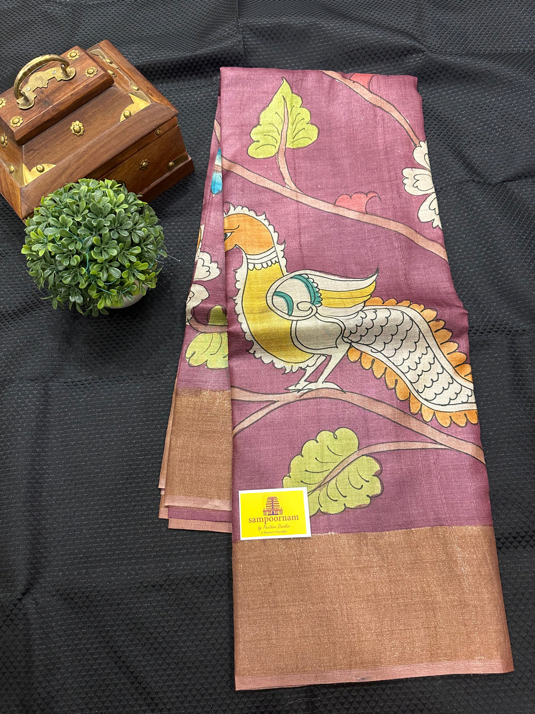 Wine with Mustard Kalamkari Handpainted Pure Tussar Silk Saree