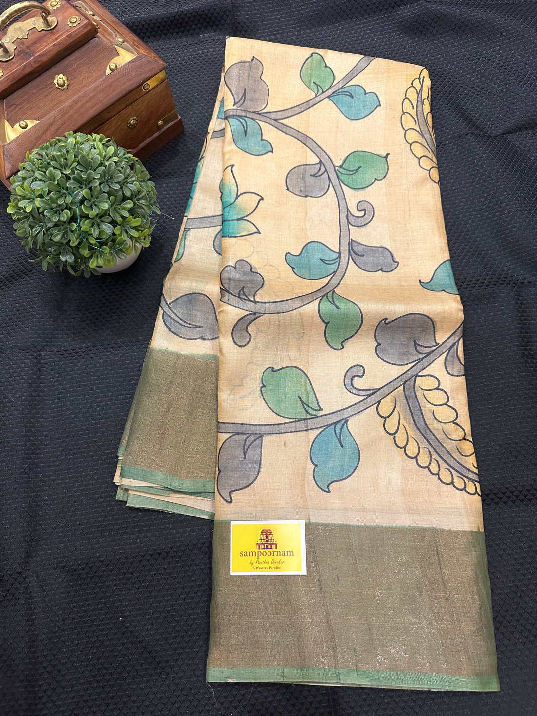 Offwhite with Green Kalamkari Handpainted Pure Tussar Silk Saree