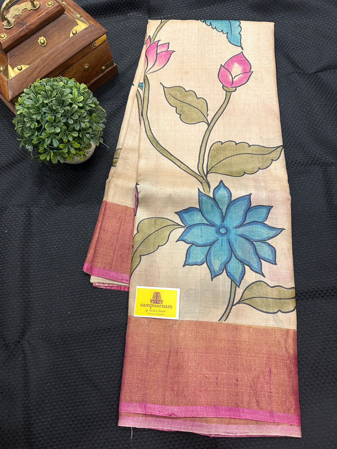 Offwhite with Pink Floral Handpainted Pure Tussar Silk Saree