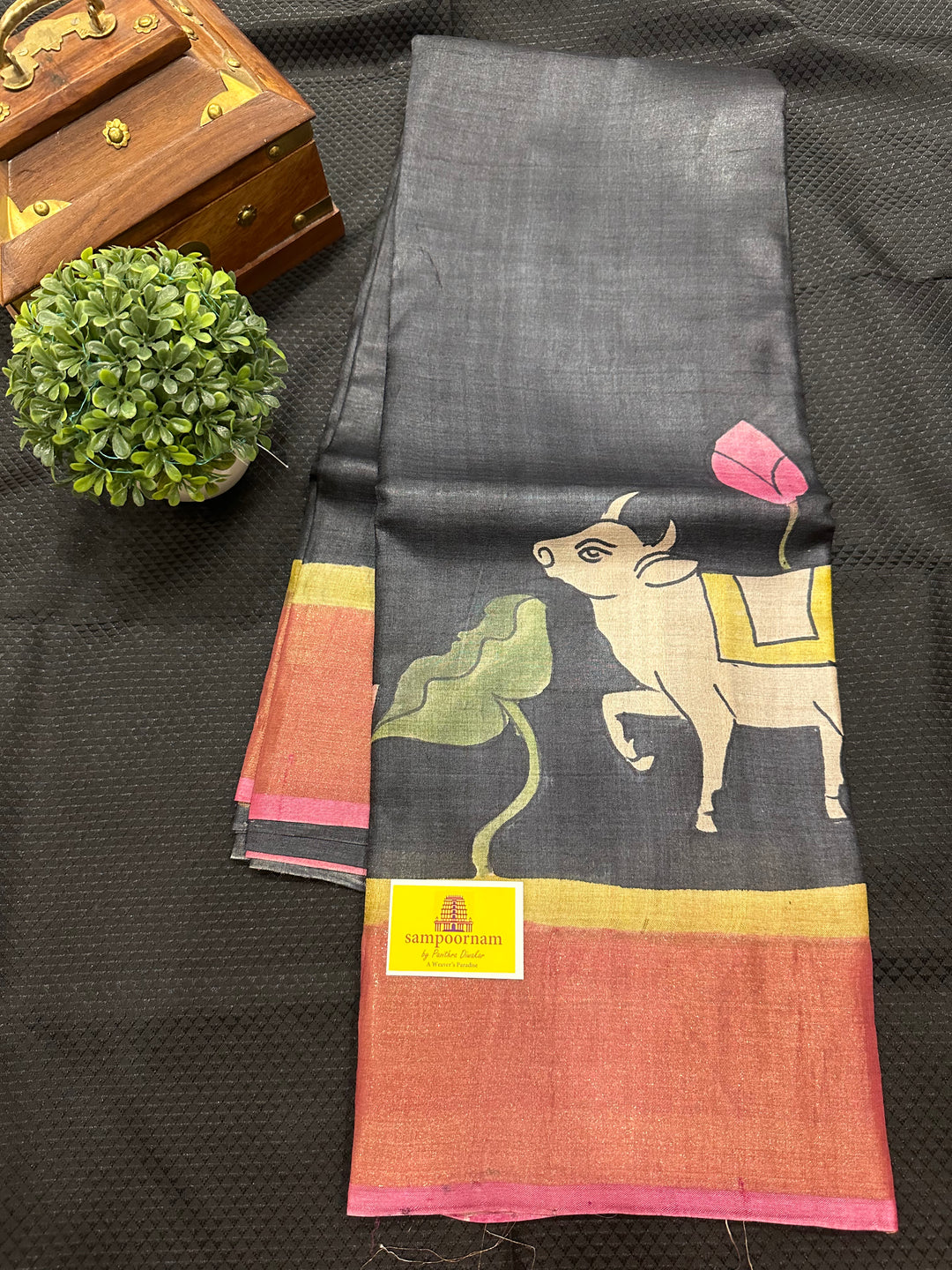 Black With Pink Pichwai Handpainted Pure Tussar Silk Saree