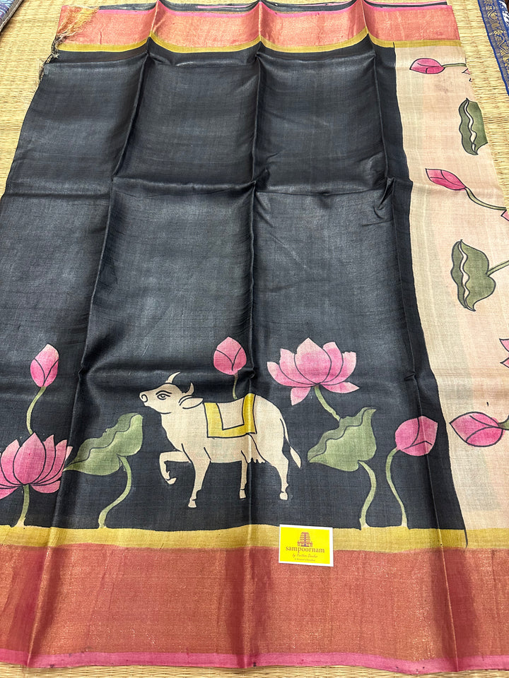 Black With Pink Pichwai Handpainted Pure Tussar Silk Saree