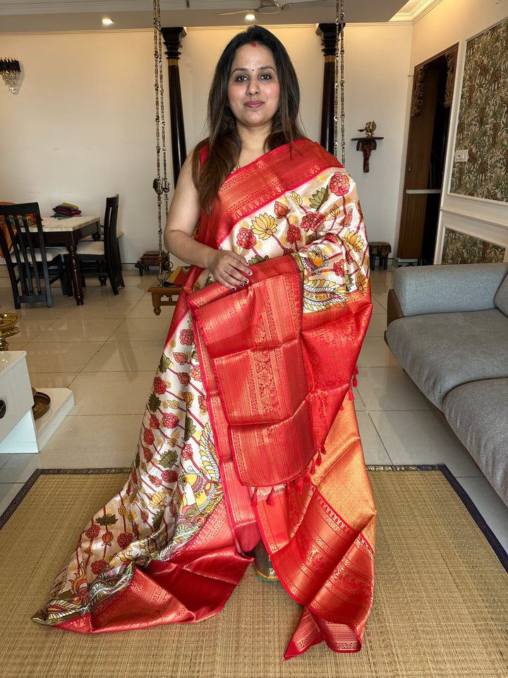 Semi Kanchivaram White and Red Annam and Lotus Printed Silk Saree