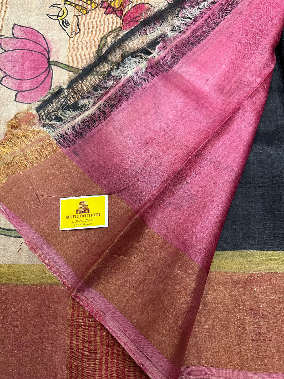 Black With Pink Pichwai Handpainted Pure Tussar Silk Saree