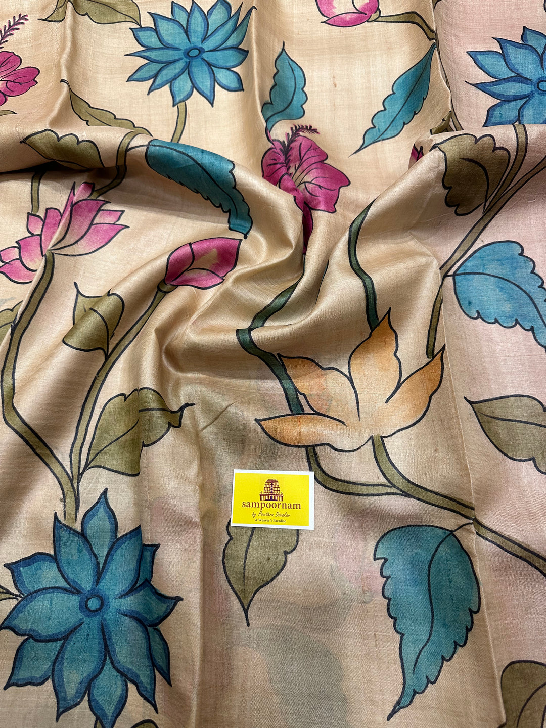 Offwhite with Pink Floral Handpainted Pure Tussar Silk Saree