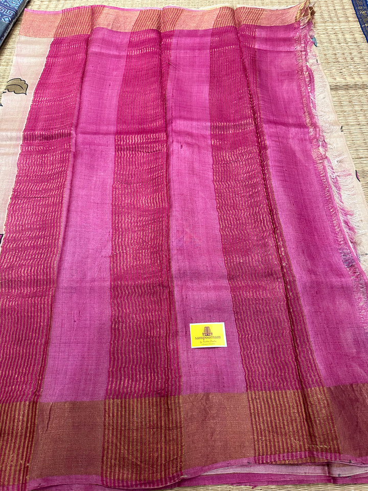 Offwhite with Pink Floral Handpainted Pure Tussar Silk Saree