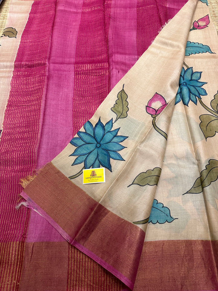 Offwhite with Pink Floral Handpainted Pure Tussar Silk Saree