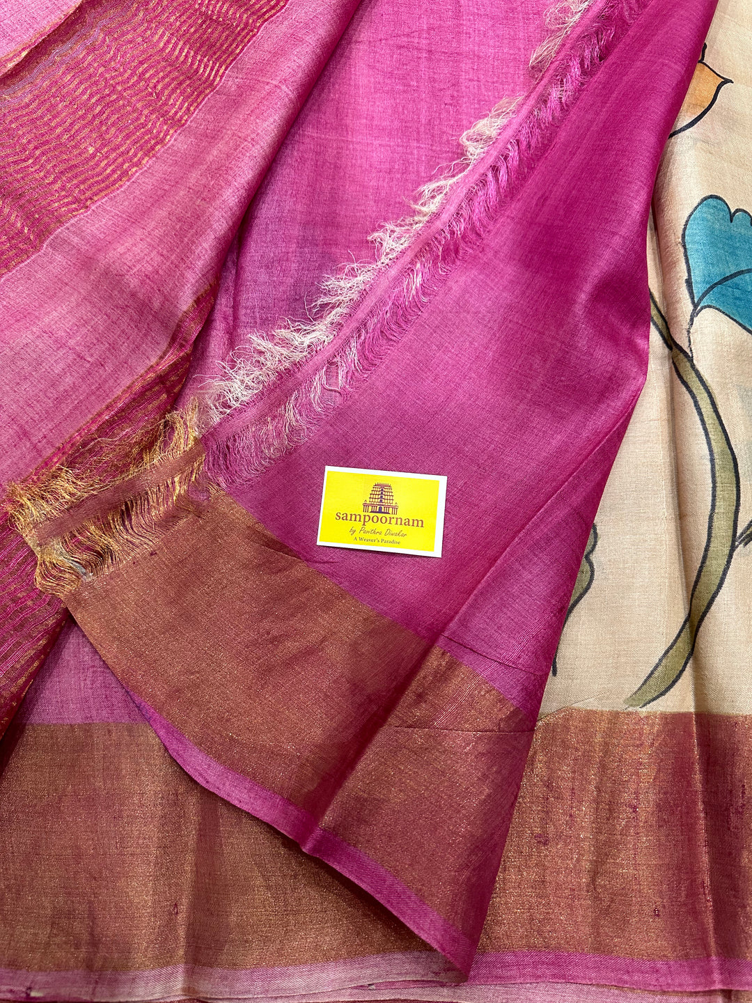 Offwhite with Pink Floral Handpainted Pure Tussar Silk Saree