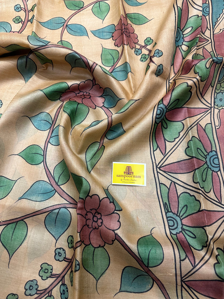 Offwhite with Lord Ganesha Painting in Pallu Kalamkari Handpainted Pure Tussar Silk Saree