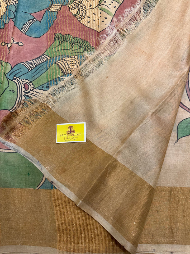 Offwhite with Lord Ganesha Painting in Pallu Kalamkari Handpainted Pure Tussar Silk Saree