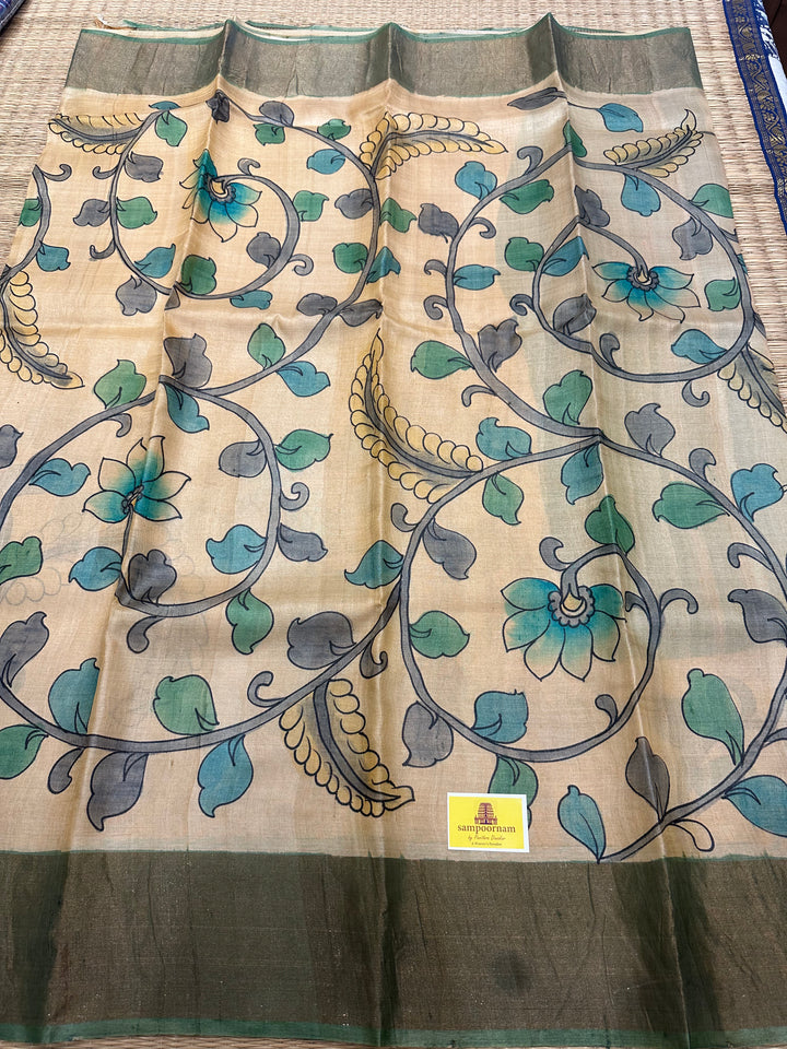 Offwhite with Green Kalamkari Handpainted Pure Tussar Silk Saree