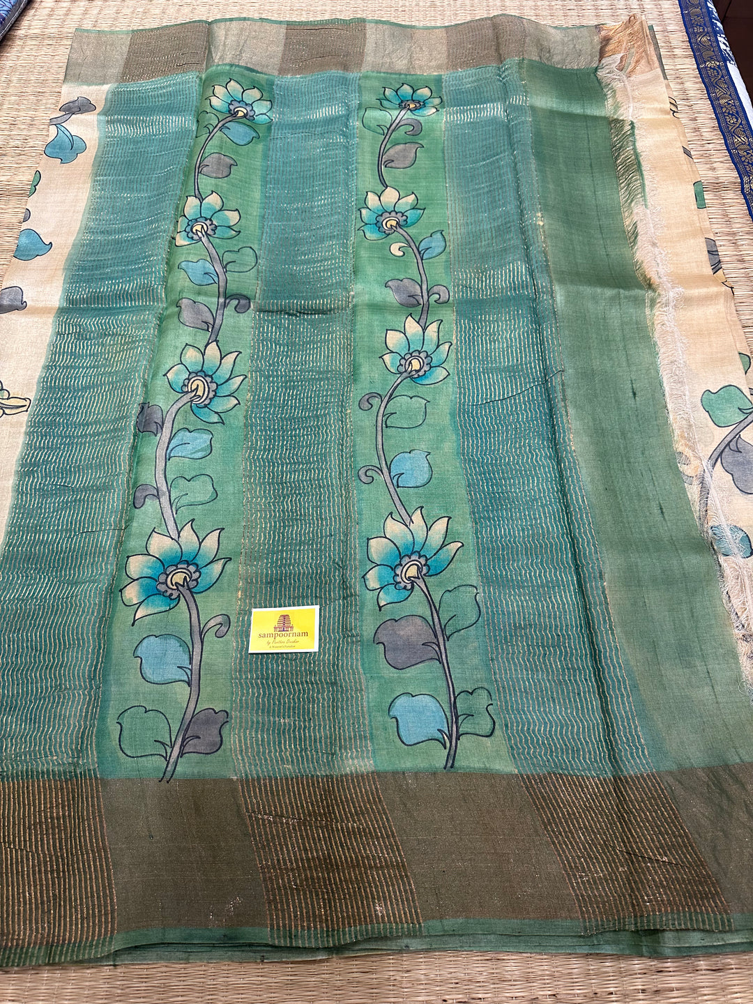 Offwhite with Green Kalamkari Handpainted Pure Tussar Silk Saree