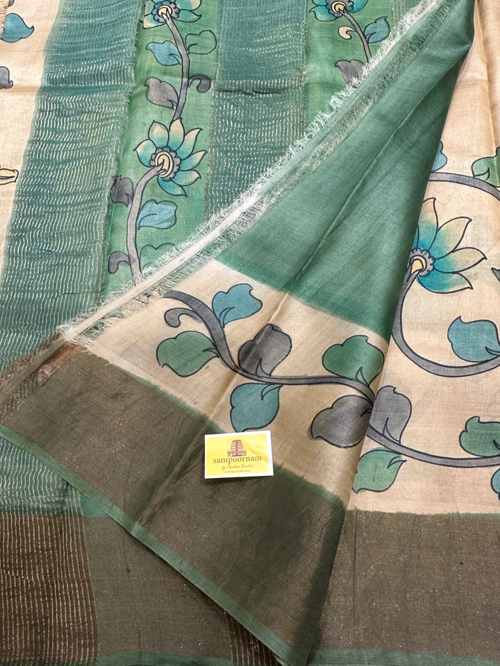 Offwhite with Green Kalamkari Handpainted Pure Tussar Silk Saree