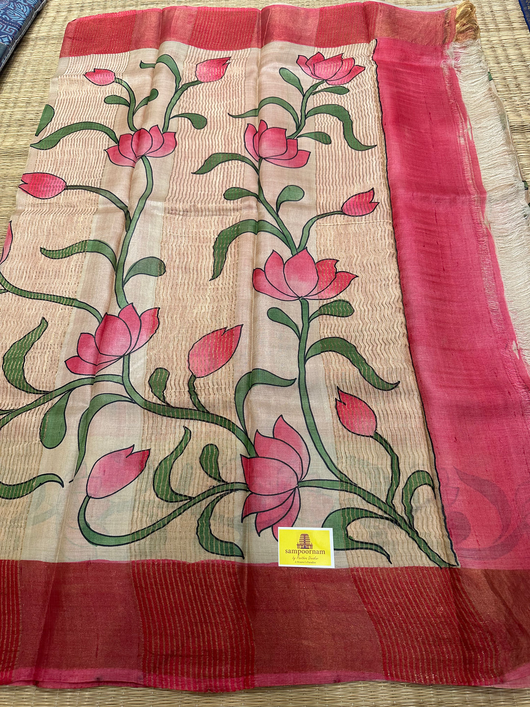 Offwhite with Pink Pichwai Lotus Handpainted Pure Tussar Silk Saree