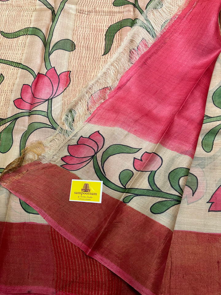 Offwhite with Pink Pichwai Lotus Handpainted Pure Tussar Silk Saree