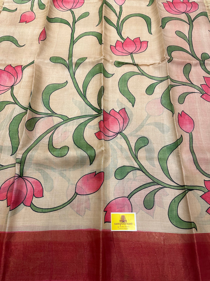 Offwhite with Pink Pichwai Lotus Handpainted Pure Tussar Silk Saree