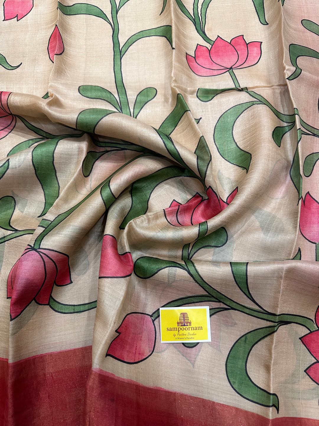 Offwhite with Pink Pichwai Lotus Handpainted Pure Tussar Silk Saree