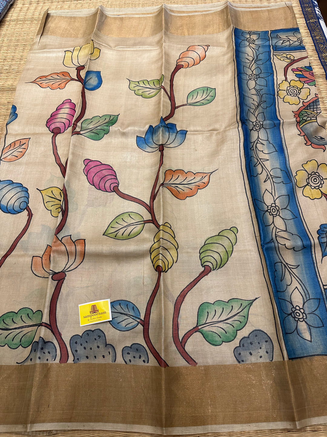 Offwhite with Blue Kalamkari Handpainted Pure Tussar Silk Saree