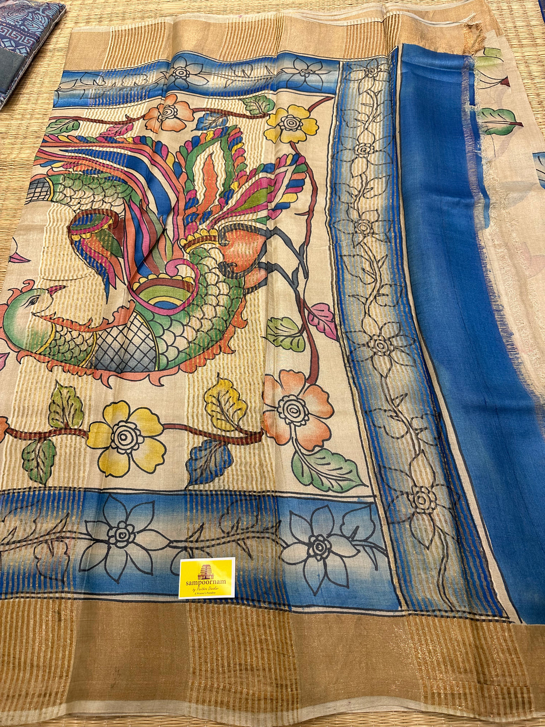 Offwhite with Blue Kalamkari Handpainted Pure Tussar Silk Saree