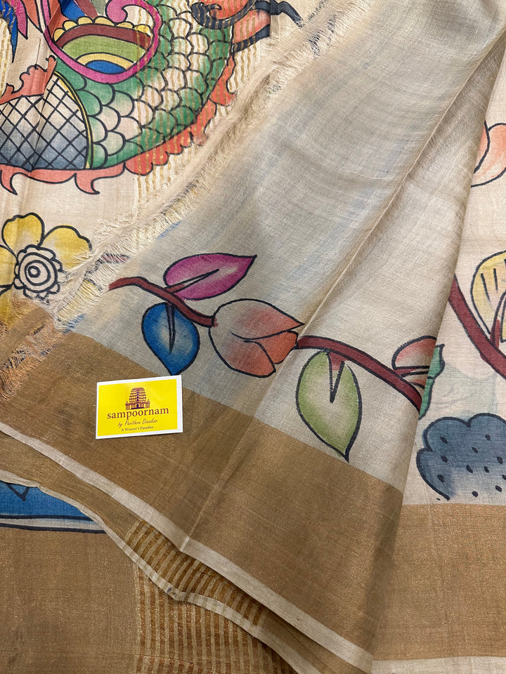 Offwhite with Blue Kalamkari Handpainted Pure Tussar Silk Saree