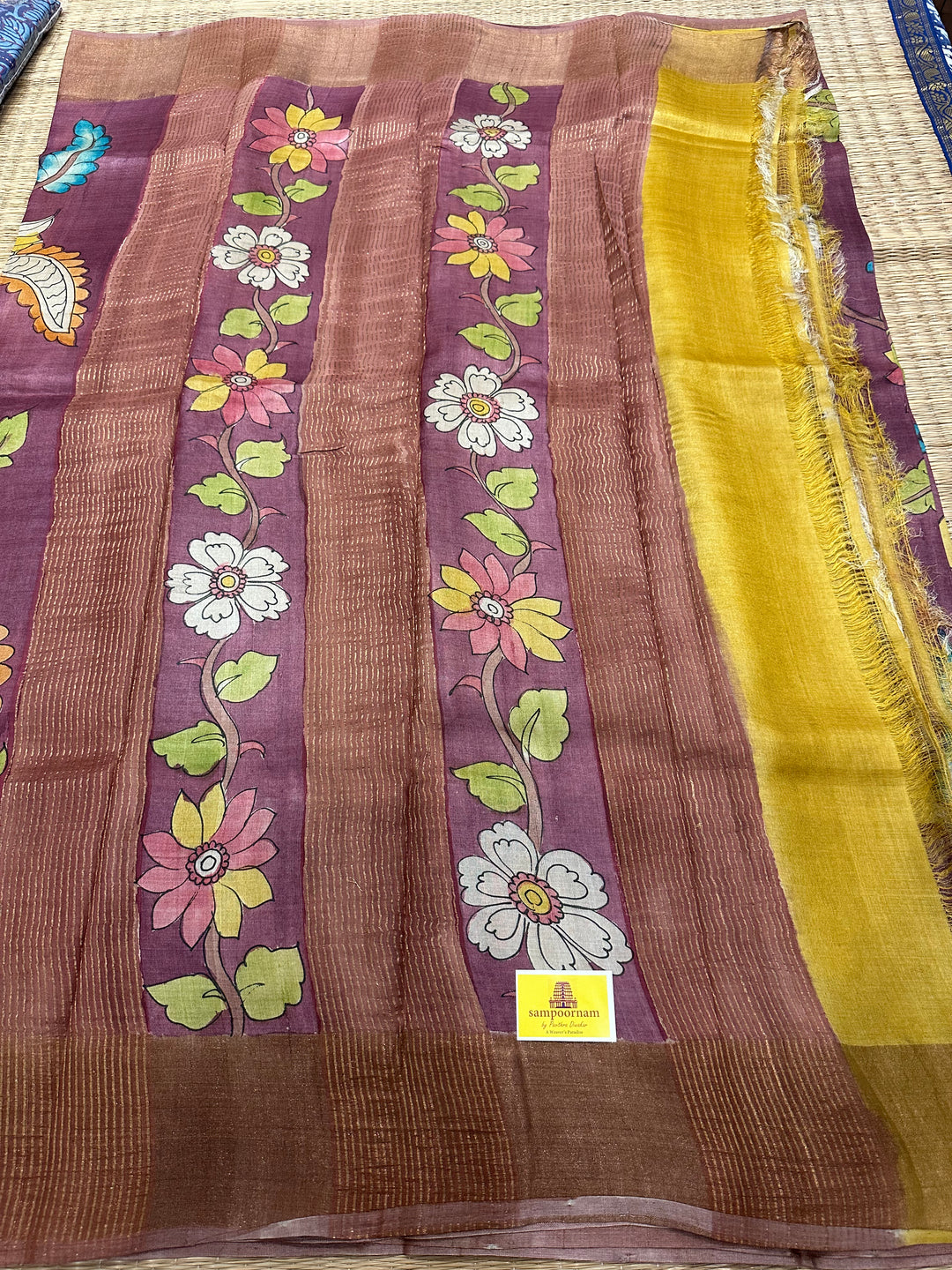 Wine with Mustard Kalamkari Handpainted Pure Tussar Silk Saree