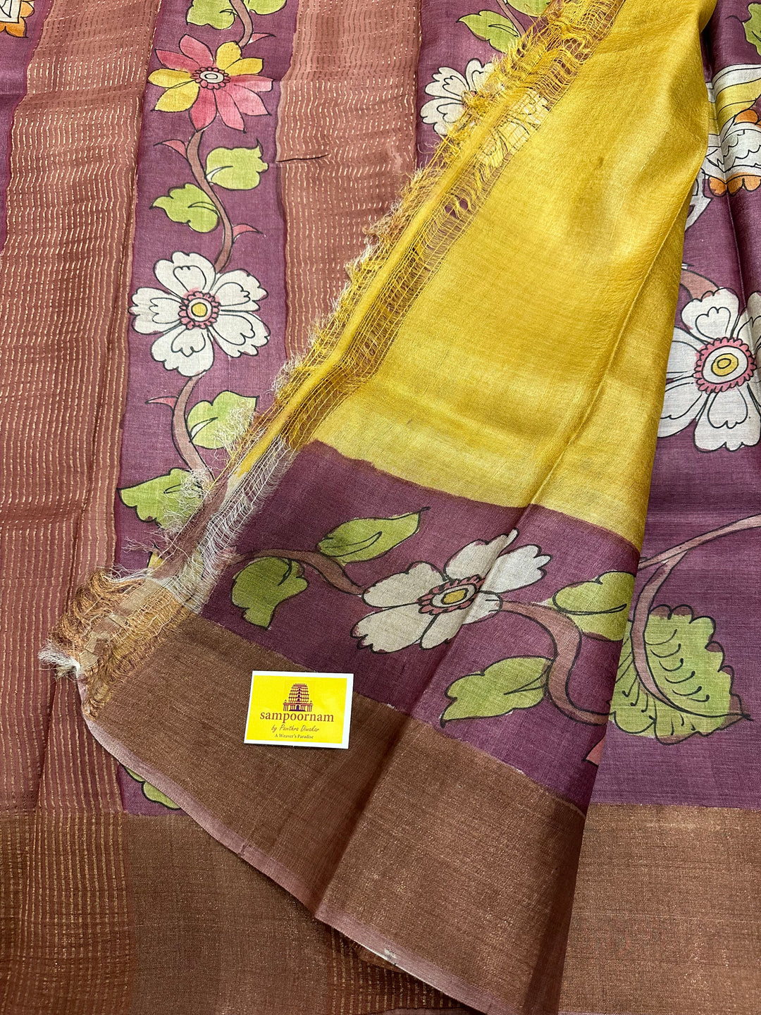 Wine with Mustard Kalamkari Handpainted Pure Tussar Silk Saree