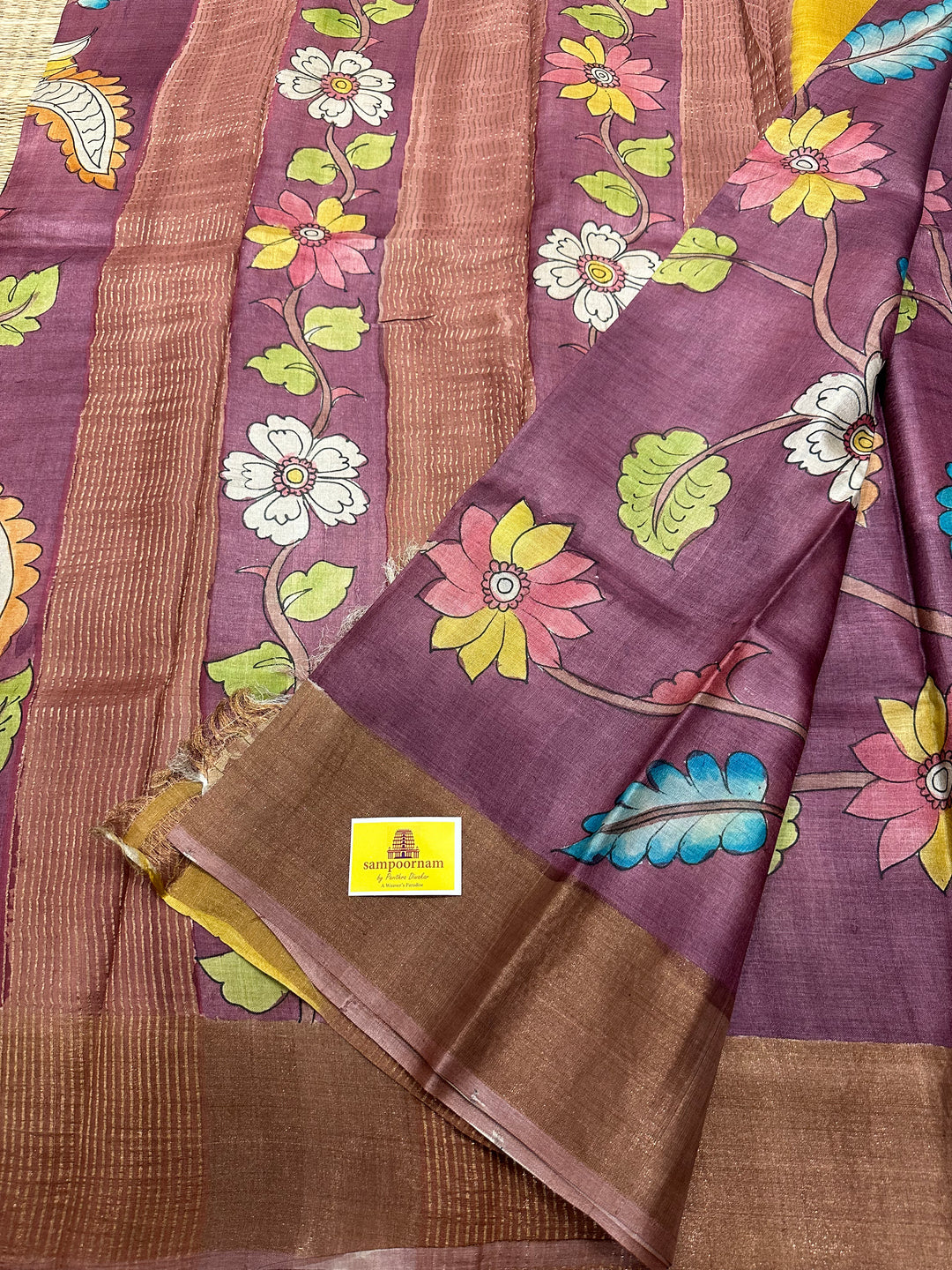 Wine with Mustard Kalamkari Handpainted Pure Tussar Silk Saree